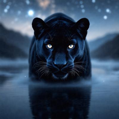 Primary subject: A black panther
Setting/background: A body of water, possibly a lake or a river, with a nighttime sky in the background
Visual style: Digital art
Colors and mood: The black panther stands out against the dark blue water and the night sky, creating a mysterious and captivating atmosphere.